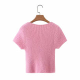 Women Sweater Knit Wear Spring Wool-like Short V-neck Knitted T-shirt Zipper Sweater