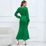 Women Date Dress V-neck Fishtail Skirt Elegant High Waist Evening Long Dress