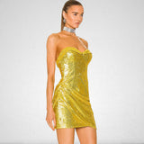 Women Dresses Sexy Backless Gold Sequined Dress Hip Skirt (Zns0409)