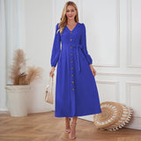 Women Date Dress Single-Breasted Cardigan Skirt V-neck Bubble Long Sleeve Dress