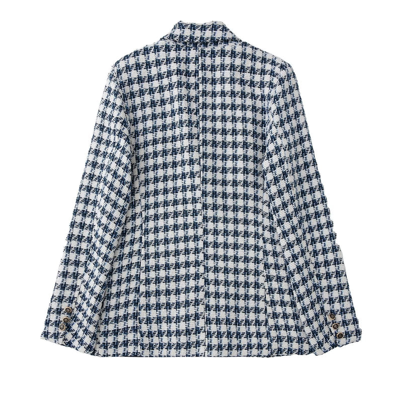 Women Suits Autumn Vintage Double Breasted Houndstooth Texture Lapel Blazer Small Suit