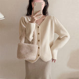 Women Knitted Cardigan Vintage Rose Buckle Knitted Cardigan Loose Sweater Coat