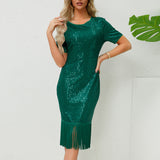 Women Date Dress round Neck Vintage Sequined Tassel Evening Dress
