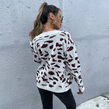 Women Knitted Sweater Coat Autumn Leopard Print V-neck