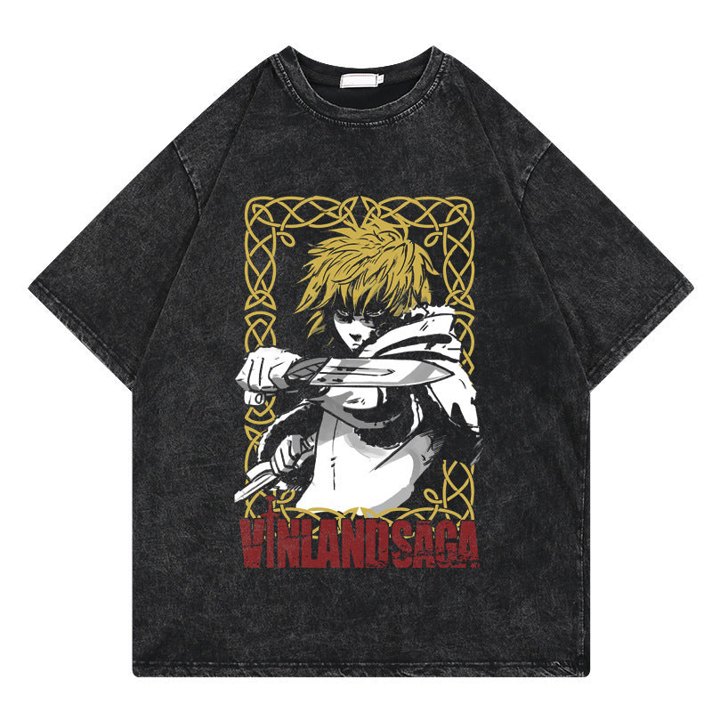 VINLAND SAGA Washed Vintage T-Shirt Street Casual Summer Short Sleeve