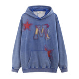 Men Hoodie Retro Hip Hop Letter Embroidered Patch Washed Hooded Sweater