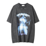 Men Vintage T-Shirt Printed T-shirt Washed Distressed round Neck Short Sleeve