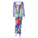 Women Dresses Fall Printed Mesh Slim Fit Patchwork Long Sleeve Dress