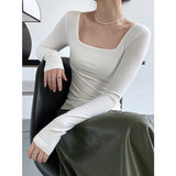 Women T Shirt Long Sleeve Square-Neck T-shirt Women's Slim Top Bottoming Shirt