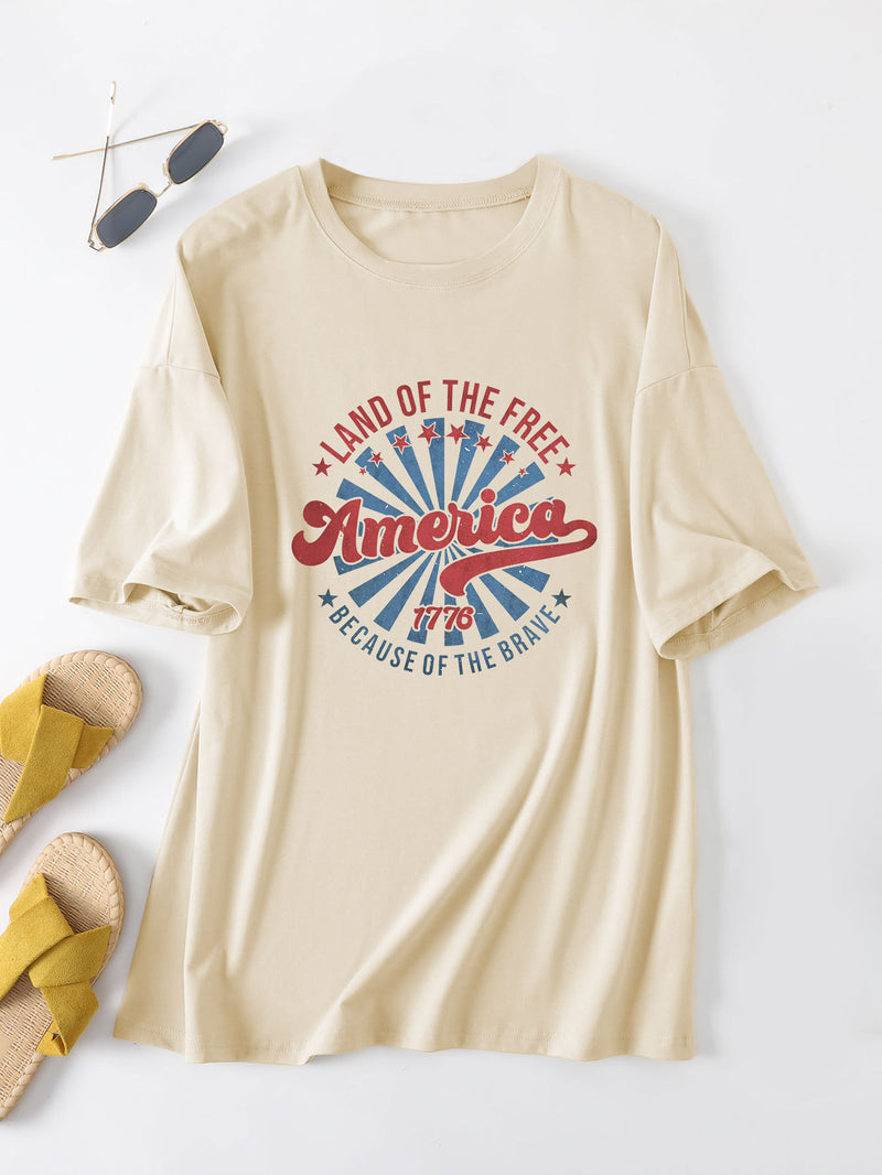 Loose Crew Neck Short Sleeve Land of the Free America 1776 Summer T-Shirt