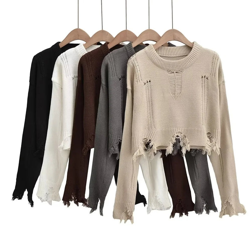 Women Sweater Knitwear round Neck Ripped Fringed Burr Loose Long Sleeve Short Sweater