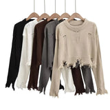 Women Sweater Knitwear round Neck Ripped Fringed Burr Loose Long Sleeve Short Sweater