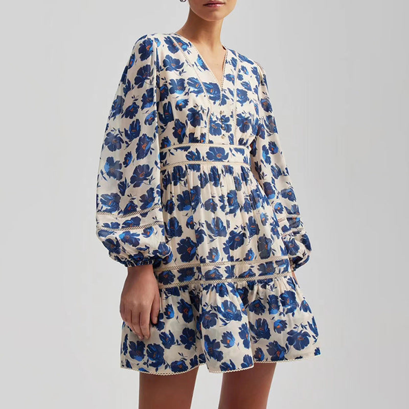 Women Dresses Spring V-neck Lantern Sleeve Dress Floral Skirt (Qymy0409)