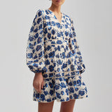 Women Dresses Spring V-neck Lantern Sleeve Dress Floral Skirt (Qymy0409)
