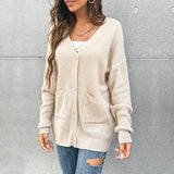 Women Knitted Sweater Fall V-neck Button Pocket Cardigan Knitted Sweater Coat