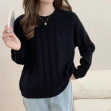 Women Knitwear Autumn Winter Retro Twist round Neck Sweater Loose Sweater