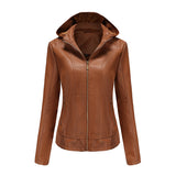 Red Leather Jacket Fall Winter Hooded Leather Women's Detachable Hat Long-Sleeve Zipper Fleece-Lined Wallet