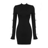 Women's Evening Dress Black Long Sleeve Bowknot Hollow-out Midriff Mini Skirt Sheath Bandage One-Piece Dress