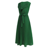 Women Date Dress Chiffon Pleated Dress Slim Fit Elegant Solid Color V-neck Dress