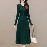 Women Knitwear Spring and Autumn V-neck Mid-Length Sweater Knitted Dress
