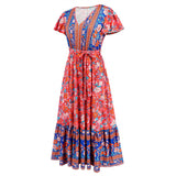Women Date Dress Summer V-neck Ruffle Vintage Floral Beach Dress