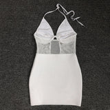 Women Evening Dress Sexy V-neck Hollow Mesh Slim-Fit Hip-Wrapped Short Dress Bandage Gown