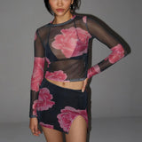 Women Co-Ord Set Sexy Mesh Suit Long Sleeve Top Short Skirt Suit