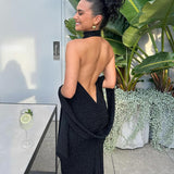 Women Dresses Sexy Backless Bright Silk Dress