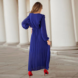 Women Date Dress Autumn and Winter V-neck Long Sleeve Pleated Dress