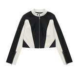 Women Jacket Color Matching PU Leather Short Coat Motorcycle Clothing Jacket