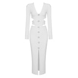 Women Evening Dress V-neck Bandage Dress Long Sleeve Simple Hollow Dress
