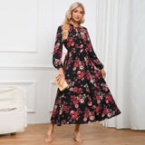 Women Date Dress Autumn Long Sleeve Lace Stand Collar Belt Long Dress