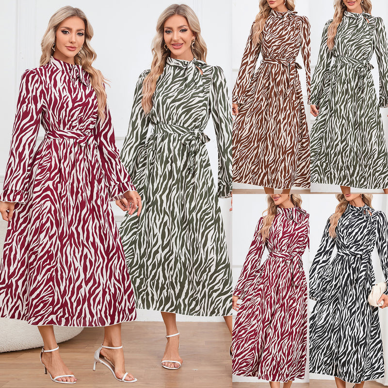 Women Date Dress Long Sleeve Dress Autumn and Winter Stand Collar Leopard Print Printed Dress Long Dress
