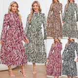Women Date Dress Long Sleeve Dress Autumn and Winter Stand Collar Leopard Print Printed Dress Long Dress