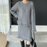 Women Knitted Two-Piece Set Knitted Tassel Sweater Dress Skirt