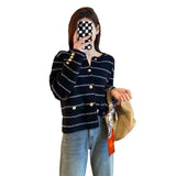 Women Knitted Cardigan round Neck Striped Knitted Cardigan Sweater Coat
