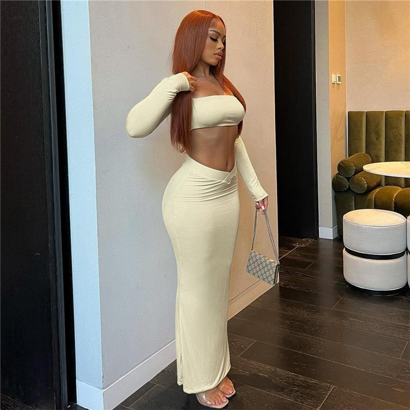 Women Dresses Summer Square Collar Hip Bag Skirt Suit (Bla0420)