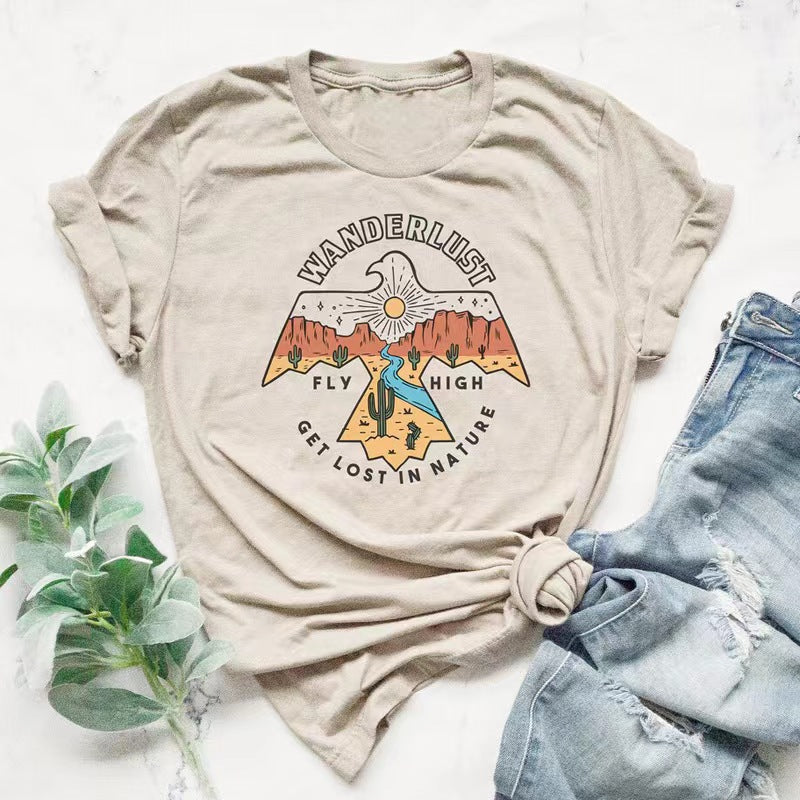 Wanderlust Letter Print T Shirt Hiking Wilderness Graphic