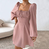 Women Dress Autumn and Winter Puff Sleeve Square Collar Dress