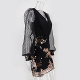 Women Evening Gown Sexy Mesh Long Sleeve Stitching Sequins Dress