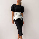 Women Dress round Neck Puff Sleeve Hip Skirt White Short Sleeve Dress