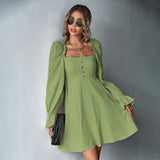 Women Dress Puff Sleeve Square Collar Long Sleeve Dress
