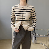 Women Cardigan Sweater round Neck Striped Sweater Coat Loose Single Breasted Cardigan Female 8t6717