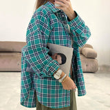Women Trench Coat Retro Plaid Long Sleeve Shirt Casual Overshirt