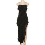 Women Dresses Summer Sexy Backless Slit Tassel Dress (Bla0420)