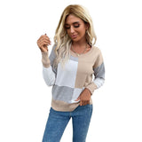 Women Knitted Sweater Autumn round Neck Stitching Long Sleeve Knitted Sweater