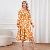 Women Date Dress Floral Dress Autumn and Winter V-neck A- line Skirt
