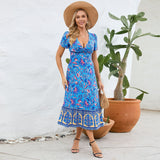 Women Date Dress Floral Dress Short Sleeve V-neck Bohemian A- line Skirt