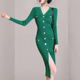 Women Maxi Dress Autumn and Winter V-neck Hip Knitwear Dress