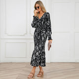 Women Date Dress Long Dress Leopard Print V-neck Belt Printed Fishtail Skirt